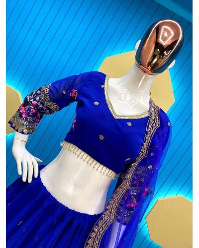 Elegant Faux Georgette Lehenga with Sequins Embroidery, Choli &amp; Net Dupatta Set-Navy Blue-4