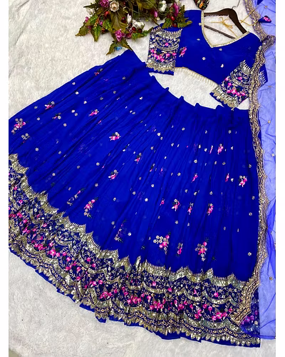 Elegant Faux Georgette Lehenga with Sequins Embroidery, Choli &amp; Net Dupatta Set-Navy Blue-7