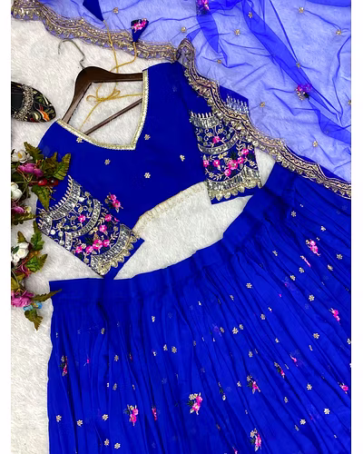 Elegant Faux Georgette Lehenga with Sequins Embroidery, Choli &amp; Net Dupatta Set-Navy Blue-9
