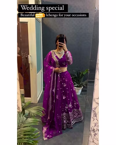 Elegant Faux Georgette Lehenga with Sequins Embroidery, Choli &amp; Net Dupatta Set-Purple-1