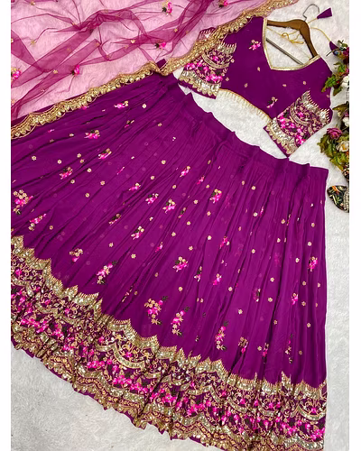 Elegant Faux Georgette Lehenga with Sequins Embroidery, Choli &amp; Net Dupatta Set-Purple-2
