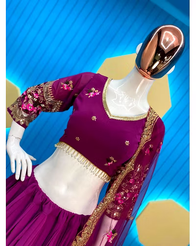 Elegant Faux Georgette Lehenga with Sequins Embroidery, Choli &amp; Net Dupatta Set-Purple-5