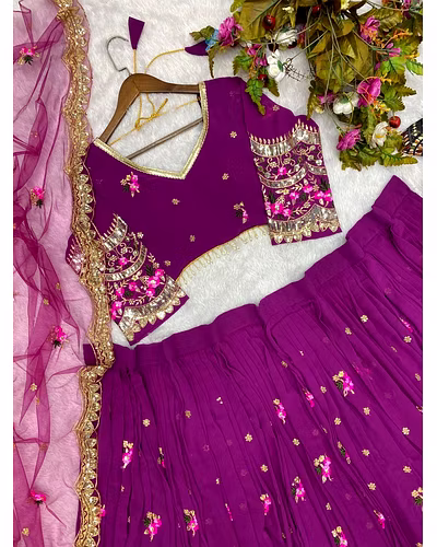 Elegant Faux Georgette Lehenga with Sequins Embroidery, Choli &amp; Net Dupatta Set-Purple-6
