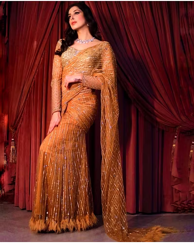 Butter Fly Heavy Net Saree with Heavy Sequences Embroidery &amp; Zalar Work, Semi-Stitched-Golden-2