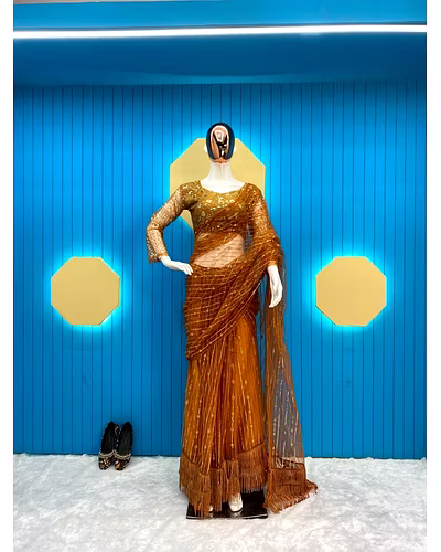 Butter Fly Heavy Net Saree with Heavy Sequences Embroidery &amp; Zalar Work, Semi-Stitched-Golden-10