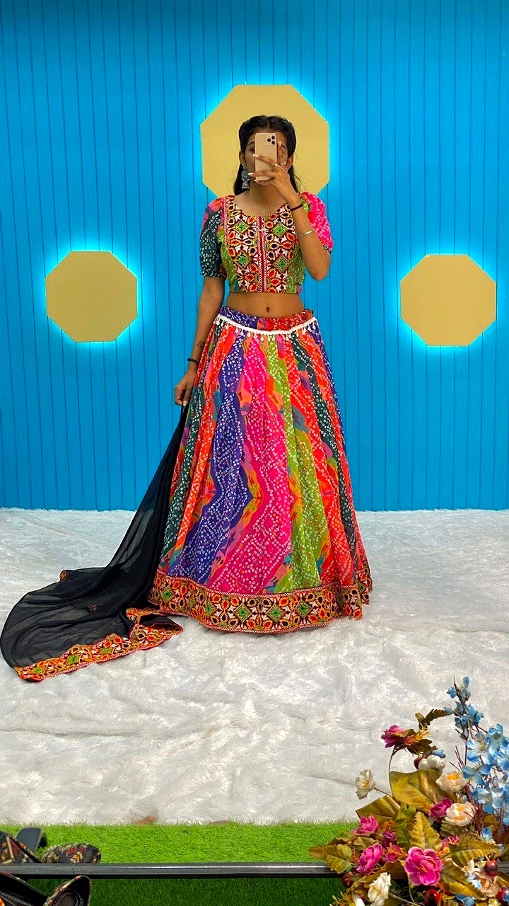 ynf bandhani print georgette lehenga with gamthi work and designer fullstitched blouse