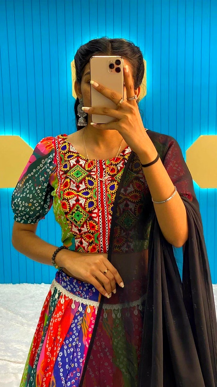Bandhani Print Georgette Lehenga with Gamthi Work and Designer Fullstitched Blouse image 3