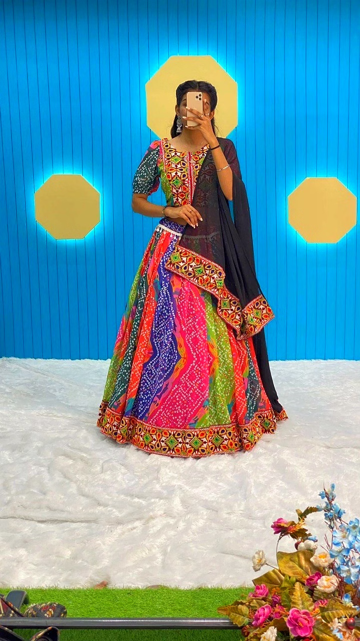 Bandhani Print Georgette Lehenga with Gamthi Work and Designer Fullstitched Blouse image 6