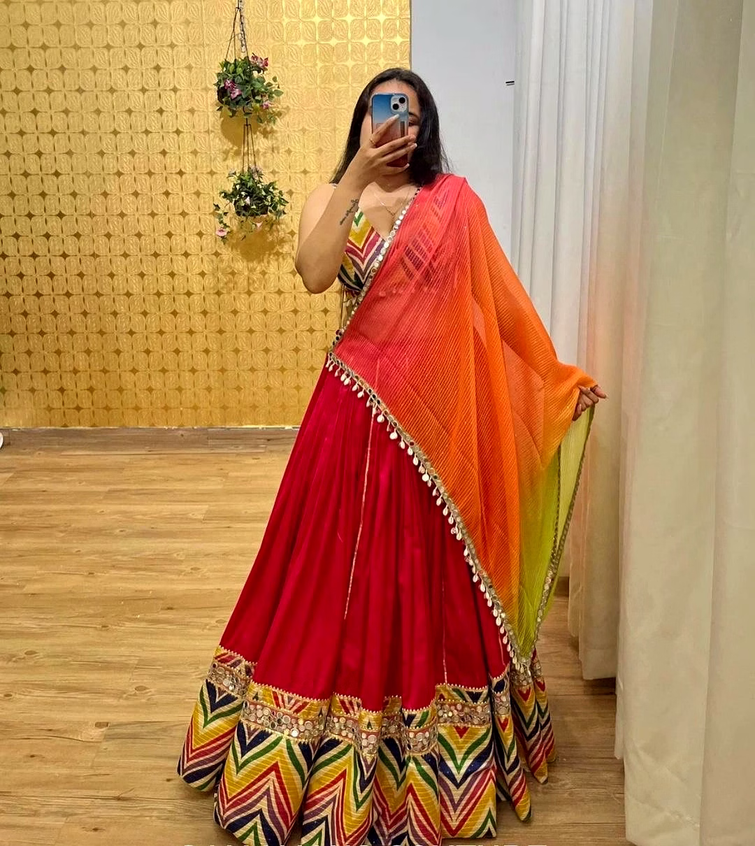 Pure Cotton Lehenga with Print Crochet & Real Mirror Work, Semi Stitched, 4m Flair image 3