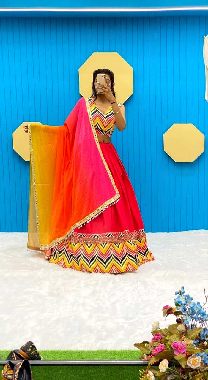 Pure Cotton Lehenga with Print Crochet & Real Mirror Work, Semi Stitched, 4m Flair image 8