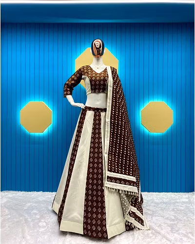 Elegant Pure Cotton Printed Lehenga Choli with Dupatta &amp; Canvas Patta - Semi Stitched-RLG572-Brown
