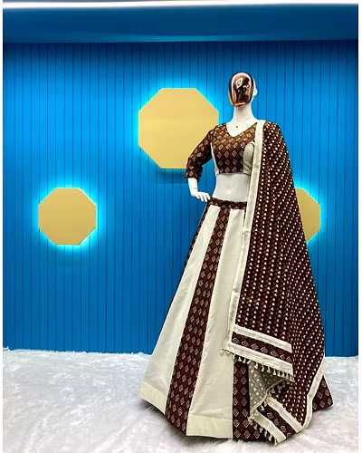 Elegant Pure Cotton Printed Lehenga Choli with Dupatta &amp; Canvas Patta - Semi Stitched-Brown-4
