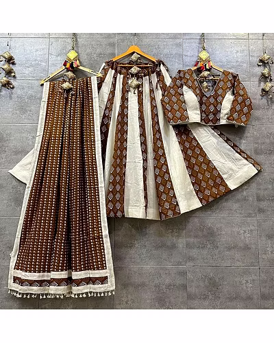 Elegant Pure Cotton Printed Lehenga Choli with Dupatta &amp; Canvas Patta - Semi Stitched-Brown-7