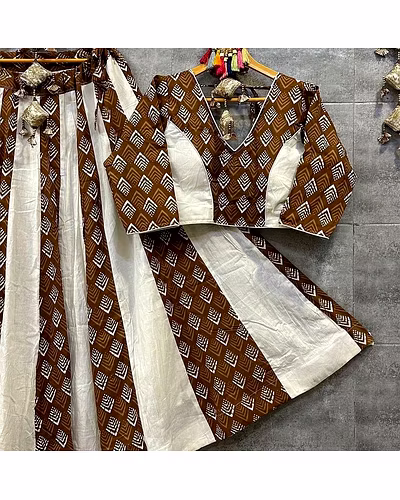Elegant Pure Cotton Printed Lehenga Choli with Dupatta &amp; Canvas Patta - Semi Stitched-Brown-8