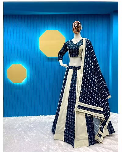Elegant Pure Cotton Printed Lehenga Choli with Dupatta &amp; Canvas Patta - Semi Stitched-Rama-4