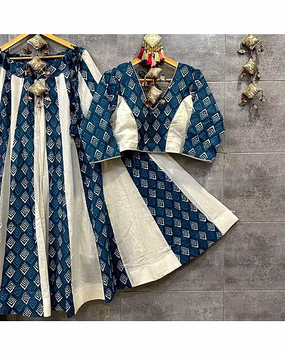 Elegant Pure Cotton Printed Lehenga Choli with Dupatta &amp; Canvas Patta - Semi Stitched-Rama-6
