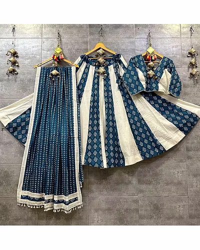 Elegant Pure Cotton Printed Lehenga Choli with Dupatta &amp; Canvas Patta - Semi Stitched-Rama-8