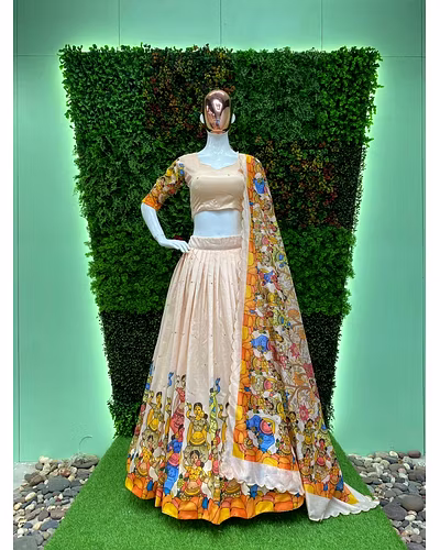 Elegant Vichitra Sequence Lehenga with Ultra Satin Inner and 4m Flair, Semi-Stitched-Beige-3