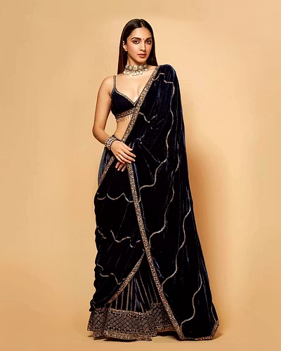 Elegant Viscos Velvet Lehenga with Heavy Embroidery &amp; Sequins Work - Semi-Stitched-RLG529-NavyBlue