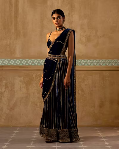 Elegant Viscos Velvet Lehenga with Heavy Embroidery &amp; Sequins Work - Semi-Stitched-Navy Blue-2