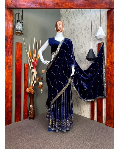 Elegant Viscos Velvet Lehenga with Heavy Embroidery &amp; Sequins Work - Semi-Stitched-Navy Blue-4
