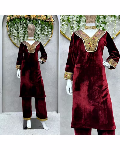 Velvet Suit with Jacquard Lace Work, 0.750 KG, M(38)-XL(42), Side Pocket, Velvet Pent, Lace Work, Full Stiched, Elastic (up to 42)-Wine-XL-2