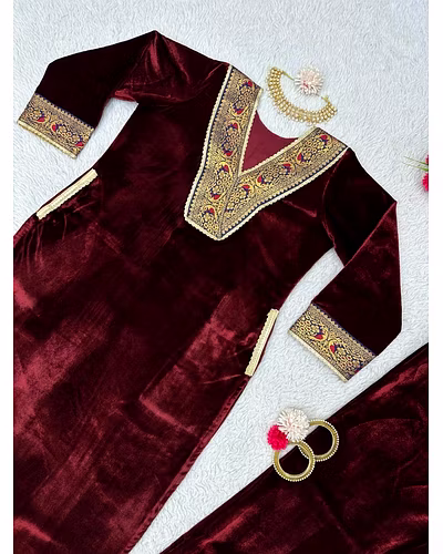 Velvet Suit with Jacquard Lace Work, 0.750 KG, M(38)-XL(42), Side Pocket, Velvet Pent, Lace Work, Full Stiched, Elastic (up to 42)-Wine-L-3