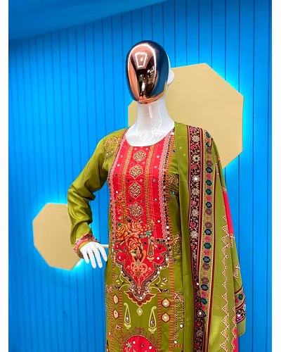 Elegant Maslin 4-Piece Set with Printed Real Mirror Work &amp; Samosa Lace Dupatta-Pista-M-3
