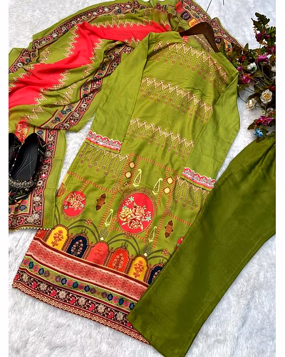 Elegant Maslin 4-Piece Set with Printed Real Mirror Work &amp; Samosa Lace Dupatta-Pista-M-5