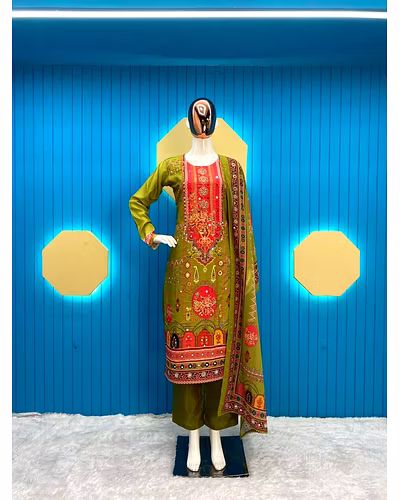 Elegant Maslin 4-Piece Set with Printed Real Mirror Work &amp; Samosa Lace Dupatta-Pista-L-2