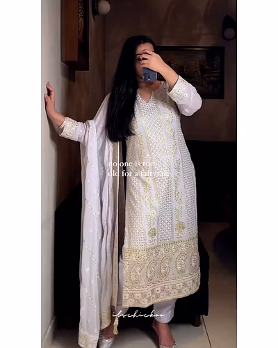 Women's Faux Georgette Embroidered Suit Set with Dupatta - Sizes M to XXL - 820g-RLG1854-White-L