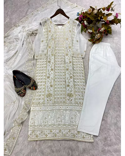 Women's Faux Georgette Embroidered Suit Set with Dupatta - Sizes M to XXL - 820g-White-XL-4