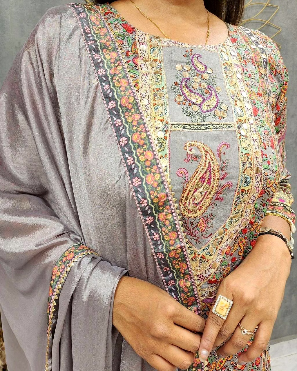 Elegant Maslin Top with Printed & Coin Work, Santoon Pants & Georgette Dupatta Set image 4