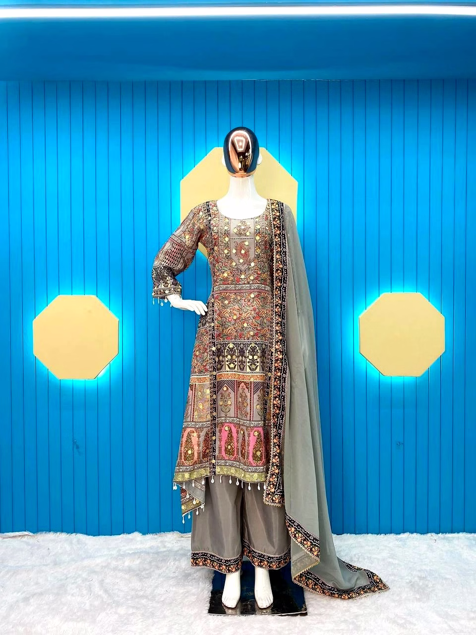 Elegant Maslin Top with Printed & Coin Work, Santoon Pants & Georgette Dupatta Set image 5