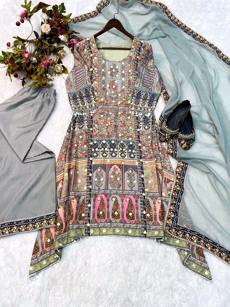 Elegant Maslin Top with Printed & Coin Work, Santoon Pants & Georgette Dupatta Set image 6