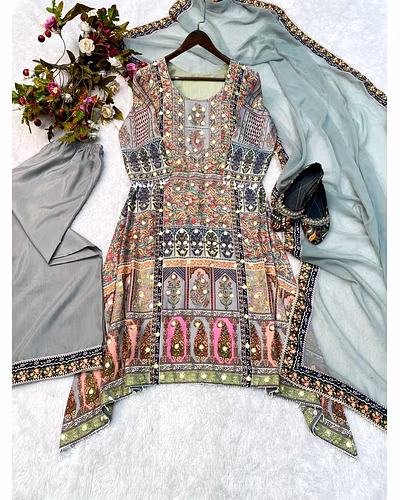 Elegant Maslin Top with Printed &amp; Coin Work, Santoon Pants &amp; Georgette Dupatta Set-Grey-M-5