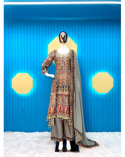 Elegant Maslin Top with Printed &amp; Coin Work, Santoon Pants &amp; Georgette Dupatta Set-Grey-L-4