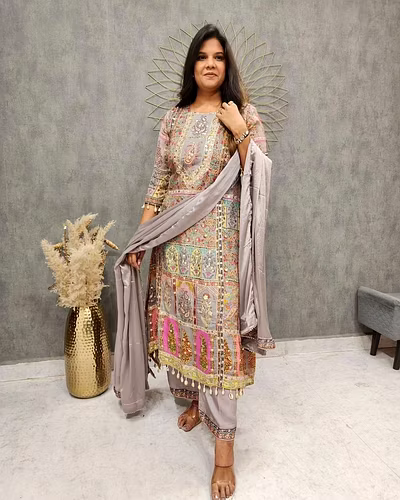 Elegant Maslin Top with Printed &amp; Coin Work, Santoon Pants &amp; Georgette Dupatta Set-Grey-XL-1