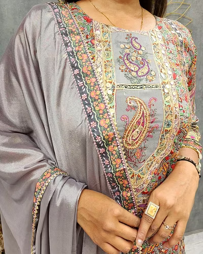 Elegant Maslin Top with Printed &amp; Coin Work, Santoon Pants &amp; Georgette Dupatta Set-Grey-XL-3