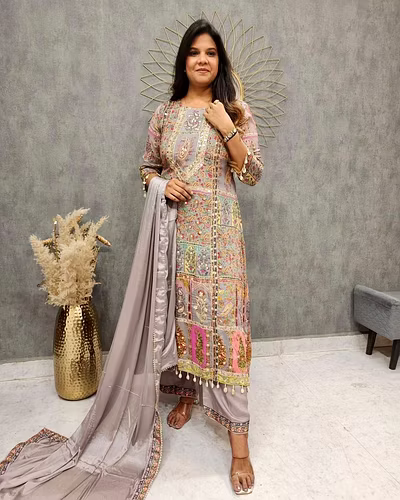 Elegant Maslin Top with Printed &amp; Coin Work, Santoon Pants &amp; Georgette Dupatta Set-RLG1856-Grey-XXL