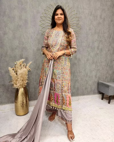 Elegant Maslin Top with Printed &amp; Coin Work, Santoon Pants &amp; Georgette Dupatta Set-Grey-XXL-2