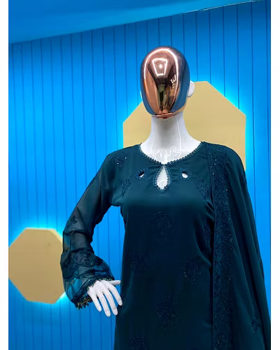 Elegant Faux Georgette Embroidered Suit with Heavy Moti Lace Work and Dupatta Set-Rama-M-5