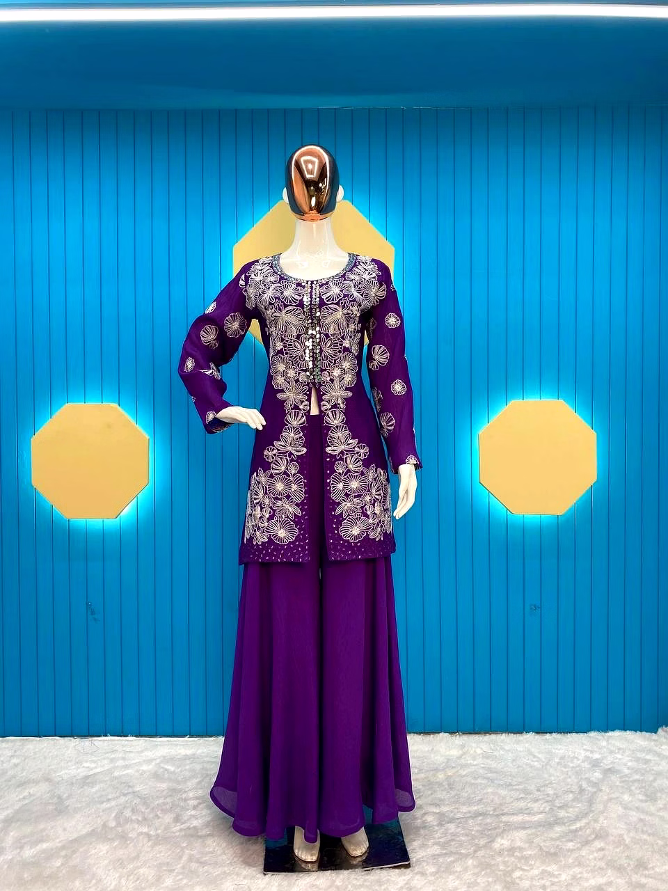 ynf elegant chinon silk ensemble with sequence embroidery & mirror work – plazo set