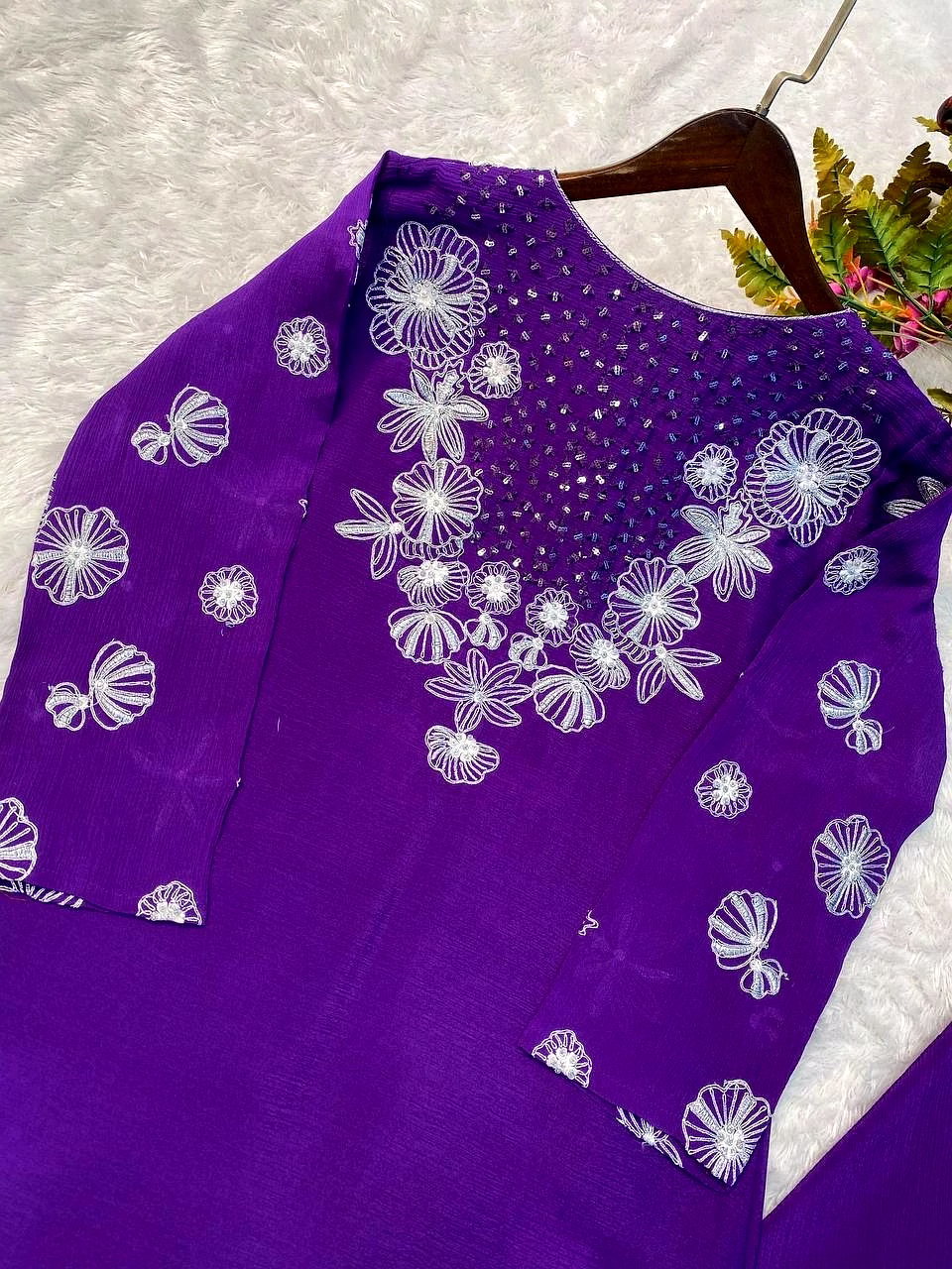 Elegant Chinon Silk Ensemble with Sequence Embroidery & Mirror Work – Plazo Set image 3