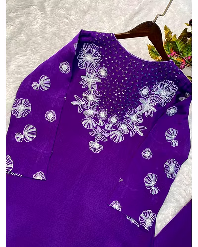 Elegant Chinon Silk Ensemble with Sequence Embroidery &amp; Mirror Work – Plazo Set-Purple-M-2