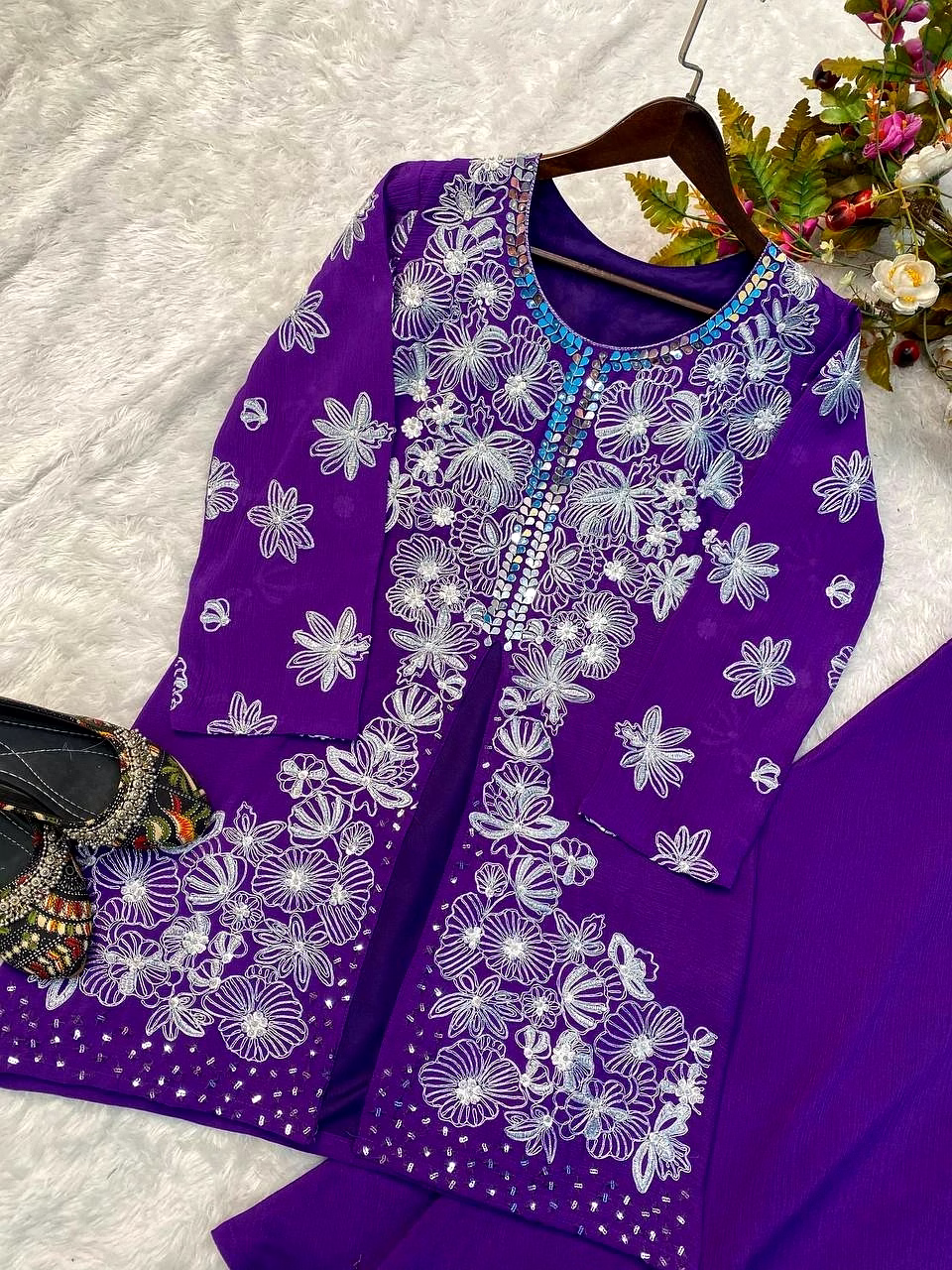 Elegant Chinon Silk Ensemble with Sequence Embroidery & Mirror Work – Plazo Set image 4