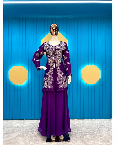 Elegant Chinon Silk Ensemble with Sequence Embroidery &amp; Mirror Work – Plazo Set-RLG1849-Purple-XL