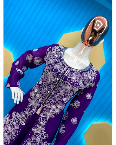 Elegant Chinon Silk Ensemble with Sequence Embroidery &amp; Mirror Work – Plazo Set-Purple-XL-1
