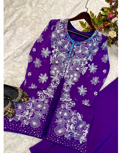 Elegant Chinon Silk Ensemble with Sequence Embroidery &amp; Mirror Work – Plazo Set-Purple-XXL-3