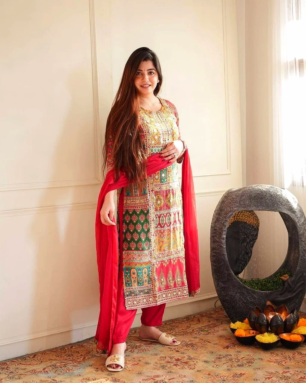 ynf elegant maslin printed top with real mirror work, micro inner, free size pants & georgette dupatta